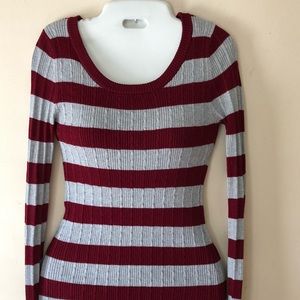 Pink Rose Red and gray ribbed striped top